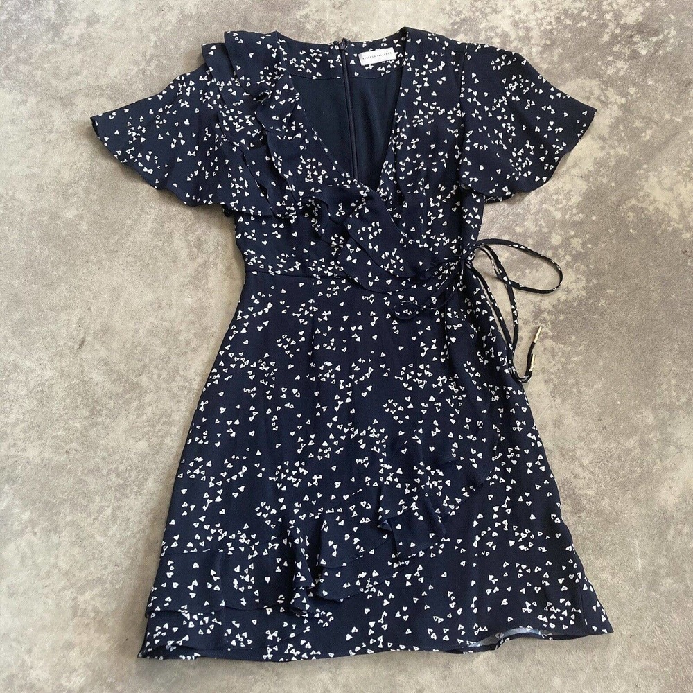 Rebecca Vallance Womens‎ Size 4 Flores Printed Wrap Mini Dress Blue Ruffle Neck